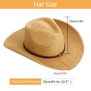 Western Cowboy Hat with String for Women Men Foldable Summer Sun Protection Straw Beach Hats with Wide Brim Khaki