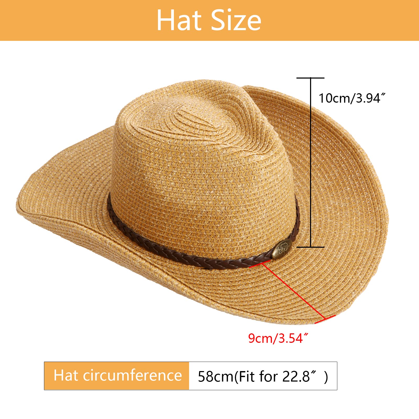 Western Cowboy Hat with String for Women Men Foldable Summer Sun Protection Straw Beach Hats with Wide Brim Khaki