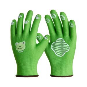 cooljob breathable toddler work gloves for gardening boy girl ages 2-4 small, 100% jersey nylon kids garden gloves with grip, children yard gloves for digging weeding landscaping, green frog, 1 pair