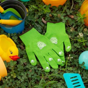 COOLJOB Breathable Toddler Work Gloves for Gardening Boy Girl Ages 2-4 Small, 100% Jersey Nylon Kids Garden Gloves with Grip, Children Yard Gloves for Digging Weeding Landscaping, Green Frog, 1 Pair