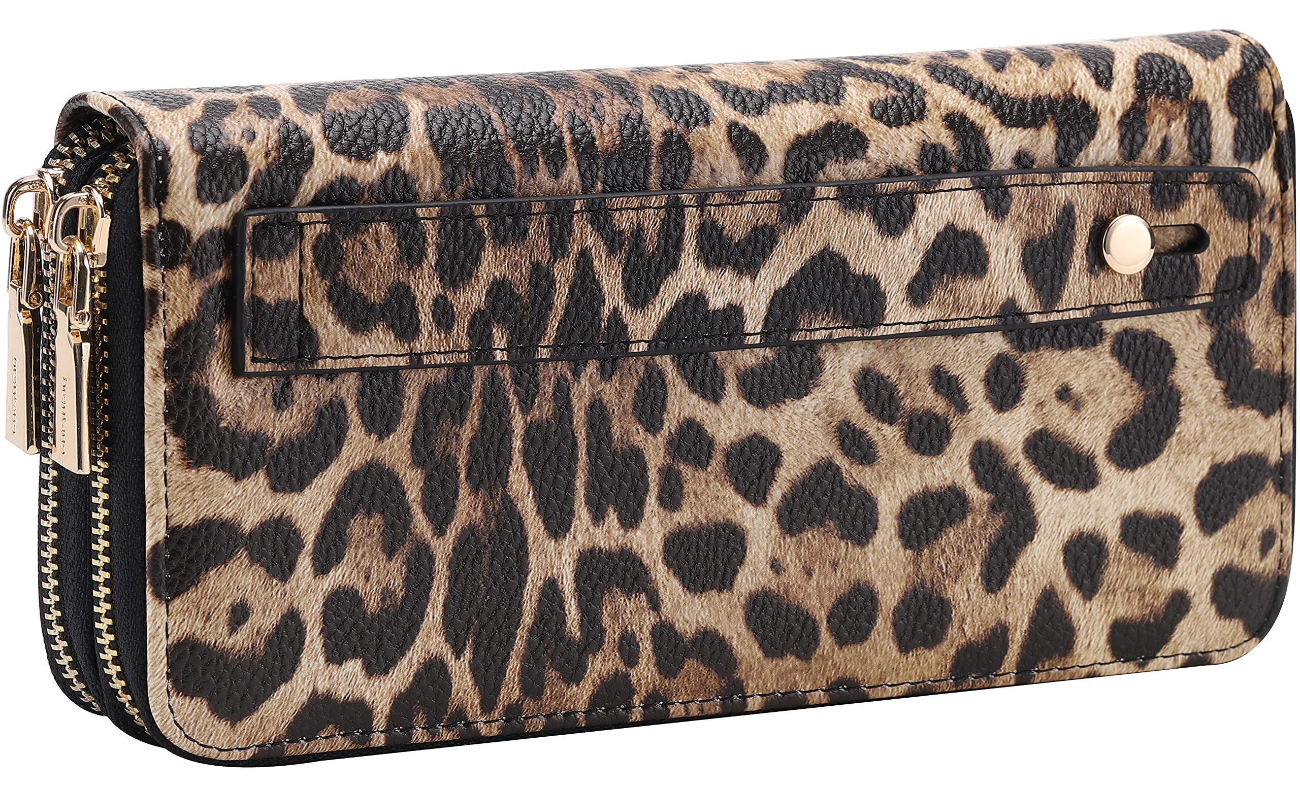 B BRENTANO Vegan Leather Double Zipper Pocket Wallet with Grip Hand Strap (Leopard)