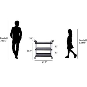 3-Tier Commercial Utility Cart with Wheels, Heavy Duty Rolling Plastic Service Cart, 450 lbs Capacity for Foodservice, Restaurant, Cleaning, Workplace, 42.1'' x 20.1'' x 38.2''