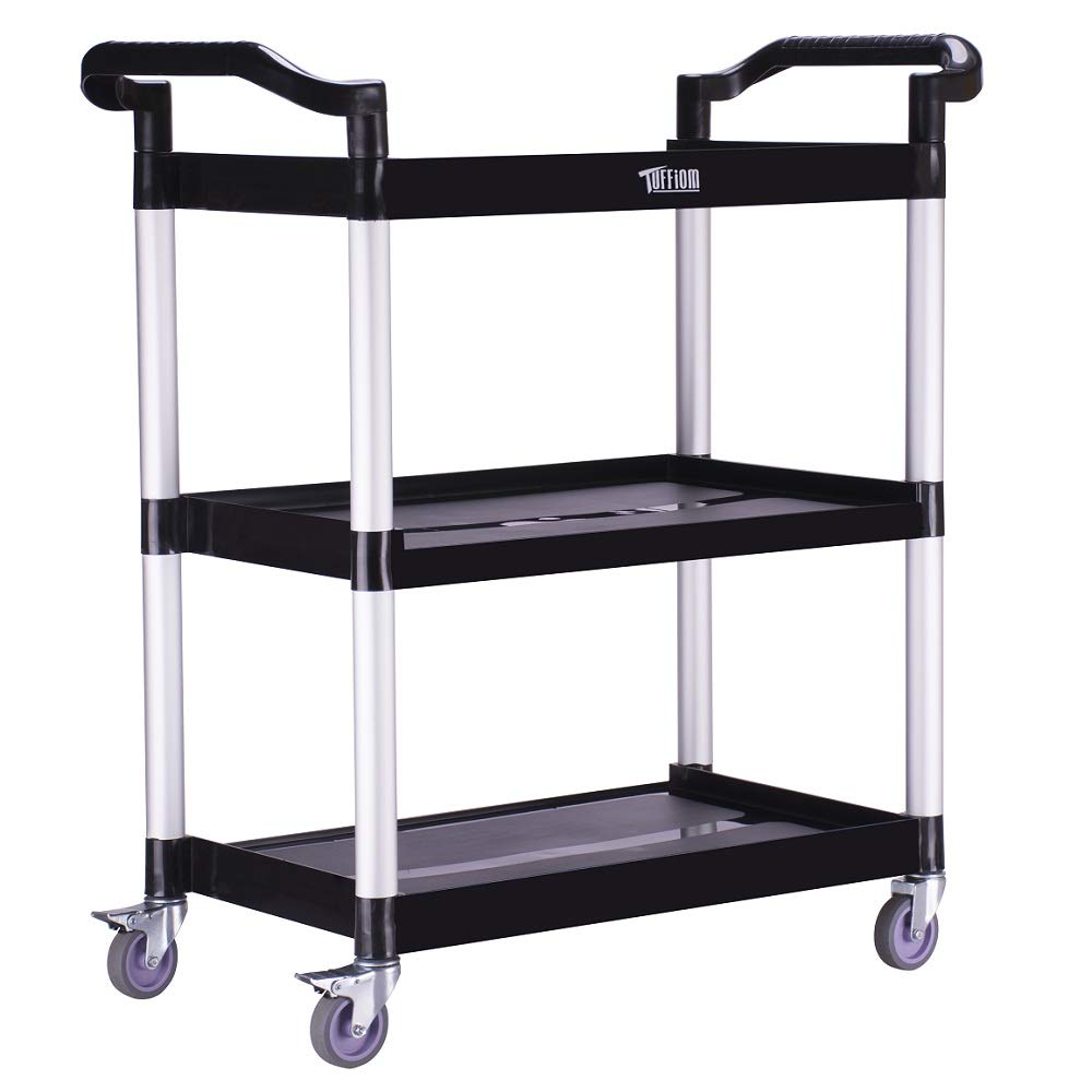 3-Tier Commercial Utility Cart with Wheels, Heavy Duty Rolling Plastic Service Cart, 450 lbs Capacity for Foodservice, Restaurant, Cleaning, Workplace, 42.1'' x 20.1'' x 38.2''