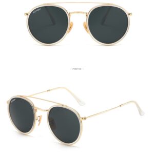 CONRAD RONTGEN Retro Round Sunglasses for Women Men Double Bridge UV400 Protection Gold Frame Black Lens