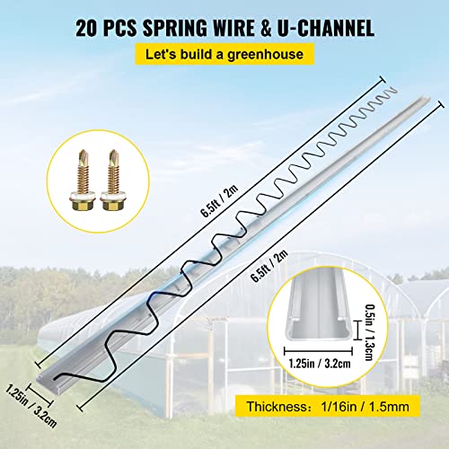 VEVOR Greenhouse Spring Wire and Lock Channel 20 Packs, 6.56 ft PE Coated Aluminum Alloy Bundle Kit, Plastic Poly Film or Shade Cloth Attachment w/Screws, Silver