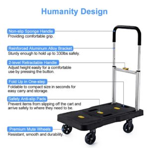 HBFBDRCT Folding Hand Truck, 150kg/330 Lbs Heavy Duty Luggage Cart, Portable Utility Dolly Platform Cart with Adjustable Handle for Auto, Luggage, Personal, Travel, Moving Shopping and Office Use