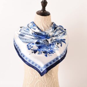 EIysee 35 x 35 Women's Fashion Pattern Large Square Silk Like Hair Scarf Head Sleeping Wrap Satin Neck Bandana for Gift (Blue and white porcelain-navy blue)…