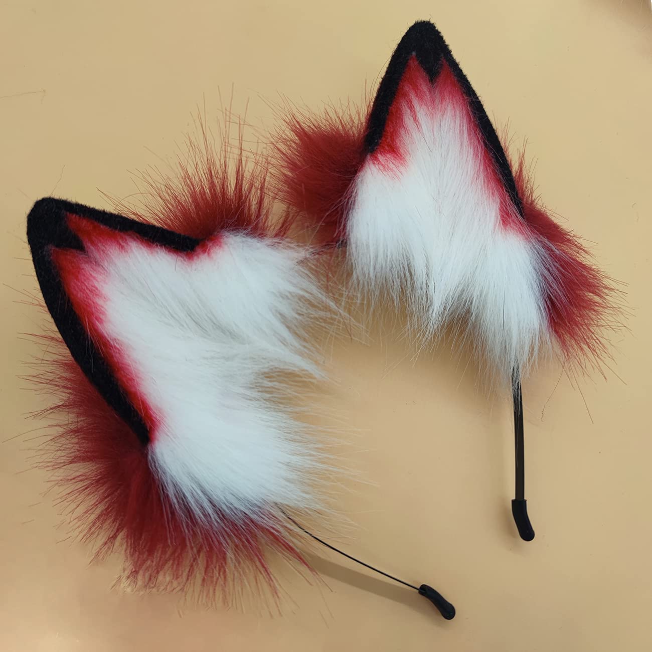 QinRuan Fox Cat Long Fur Ears Hair Headwear Wolf Animal Anime Halloween Cosplay Costume (Wine)