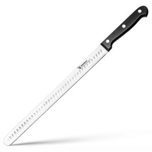 humbee 12 inch carving knife razor sharp blade with granton edge for cutting smoked brisket, bbq meat, turkey,black