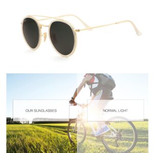 CONRAD RONTGEN Retro Round Sunglasses for Women Men Double Bridge UV400 Protection Gold Frame Black Lens