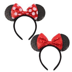 unspaz shiny sequin mouse ear headbands, 2 pcs classic bow headbands for adult women and girls (red sequin & red dot)