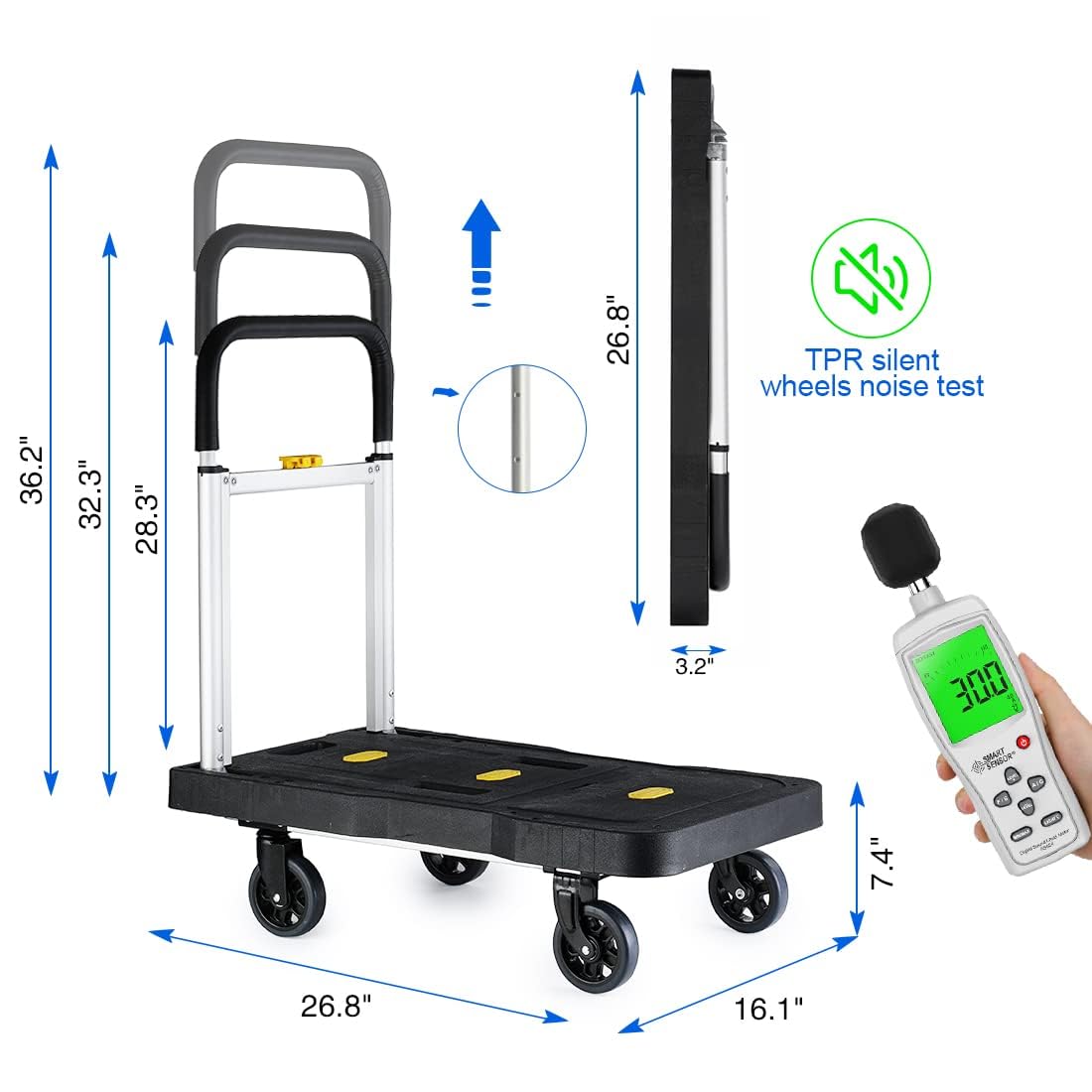 HBFBDRCT Folding Hand Truck, 150kg/330 Lbs Heavy Duty Luggage Cart, Portable Utility Dolly Platform Cart with Adjustable Handle for Auto, Luggage, Personal, Travel, Moving Shopping and Office Use