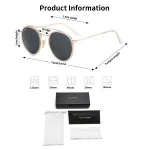 CONRAD RONTGEN Retro Round Sunglasses for Women Men Double Bridge UV400 Protection Gold Frame Black Lens