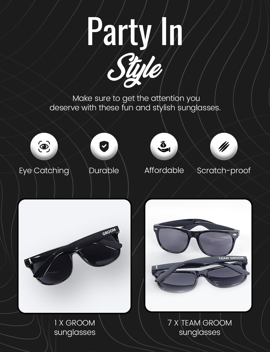 Bachelor Party Sunglasses - Set of (1) Groom & (7) Team Groom Black Sun Glasses | Groomsmen Sunglasses Bridal Party Ideas Groomsman Gift for Wedding Party Gifts Squad Favors for Men Proposal Supply