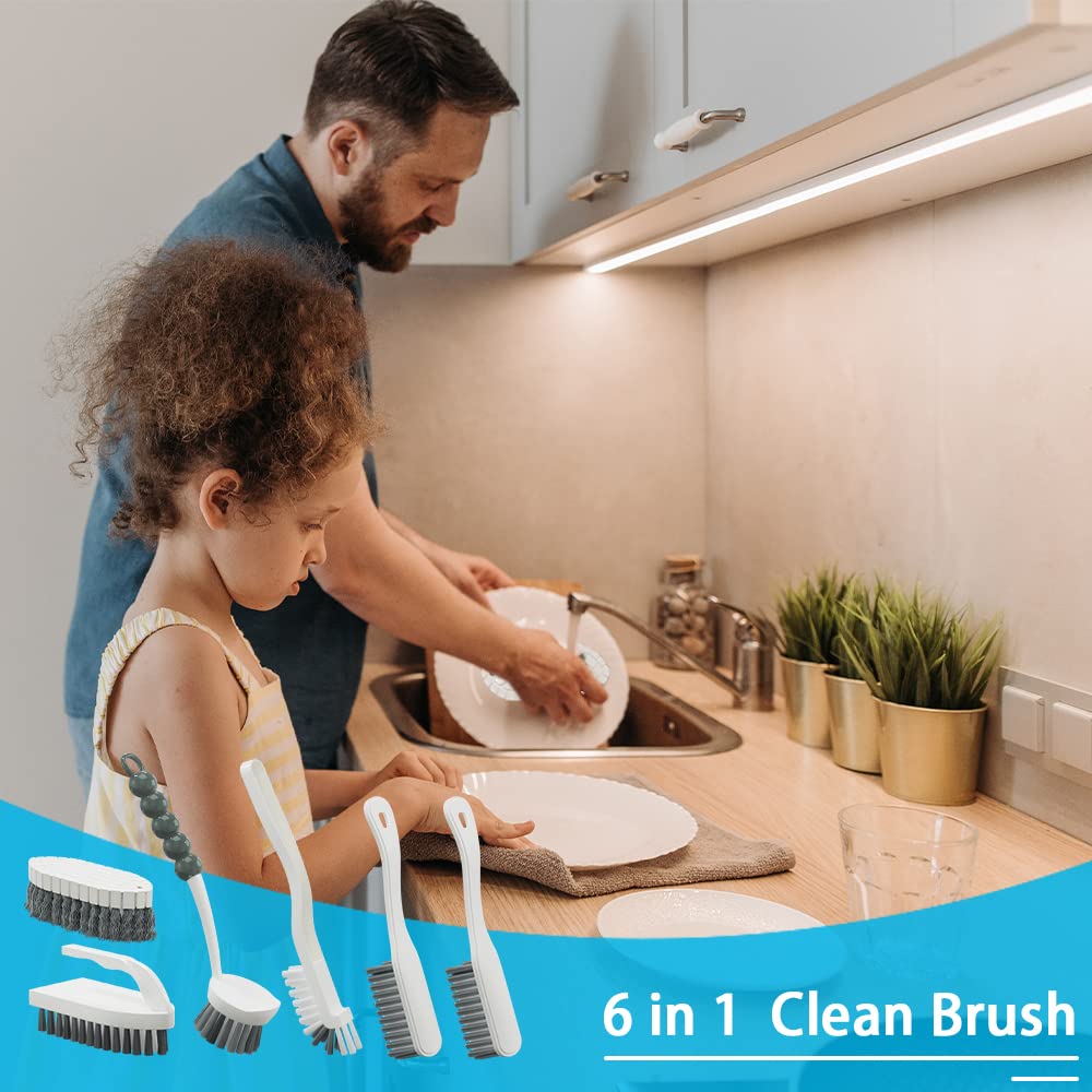 CN1ST 6 PCS Cleaning Brush, Scrub Brush Set for Kitchen and Bathroom Household Use with Various Brushes for Cleaning Dishes, Tiles, Corners and Floors