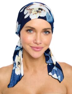 ashford & brooks women's pretied printed fitted headscarf chemo bandana - vintage navy/white