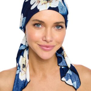 Ashford & Brooks Women's Pretied Printed Fitted Headscarf Chemo Bandana - Vintage Navy/White