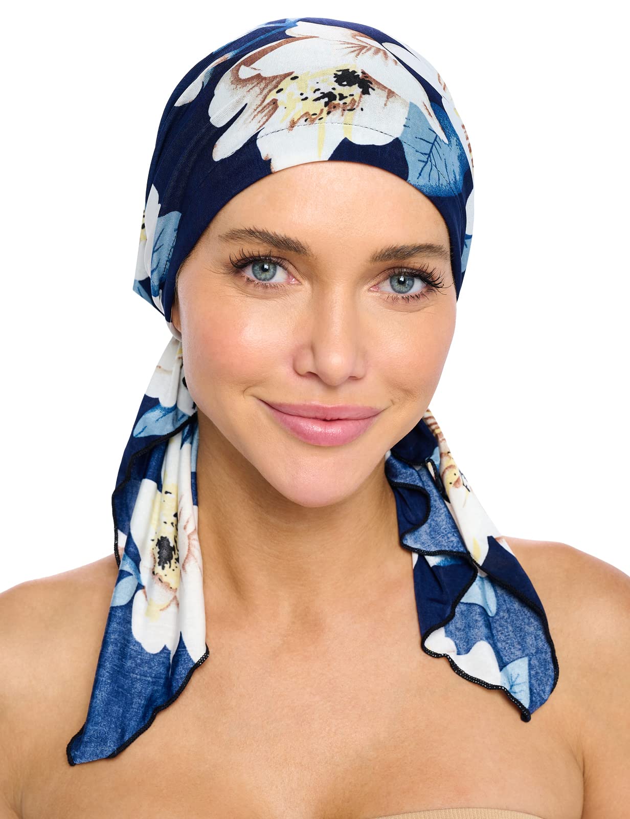 Ashford & Brooks Women's Pretied Printed Fitted Headscarf Chemo Bandana - Vintage Navy/White