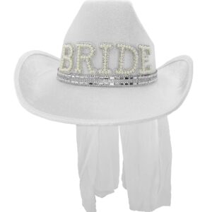 Nicky Bigs Novelties Cowboy Hat and Veil Bachelorette Party White Cowgirl Hat Bridal Shower Wedding Decoration Bride to be Gift Country-Western Novelty