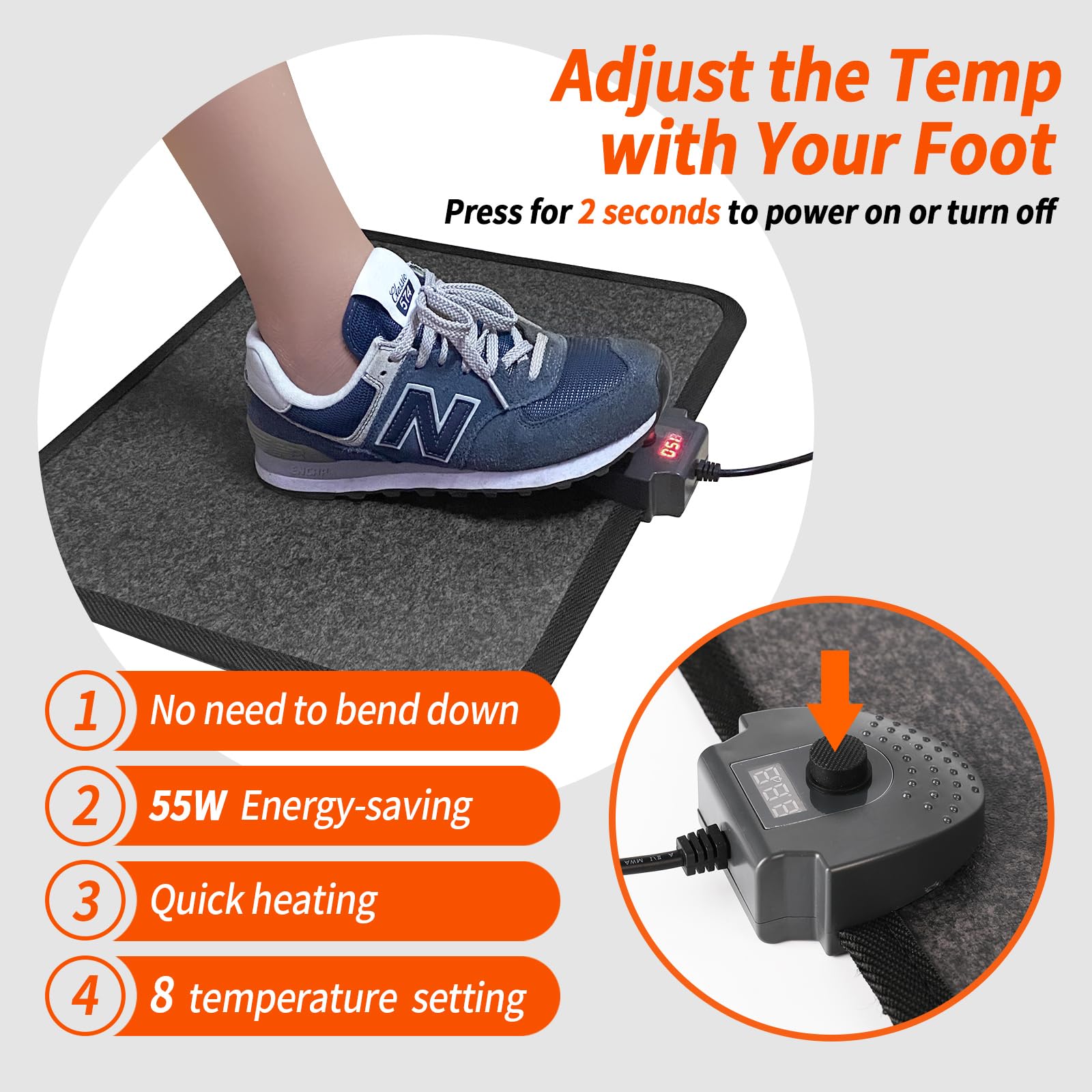 Hodeamy Heated Floor Mat Under Desk for Foot Warmer - Wider 110V Adjustable Temperature Electric Space Heaters Heating Pad - Carbon Crystal & Energy Saving Feet Warmers for office,home (Black Gray)