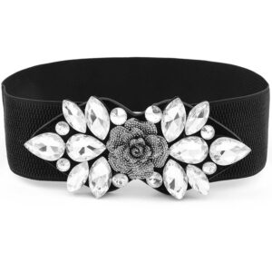 wriidy black stretch belt rhinestone flower wide belts crystal waist belt for women and girls