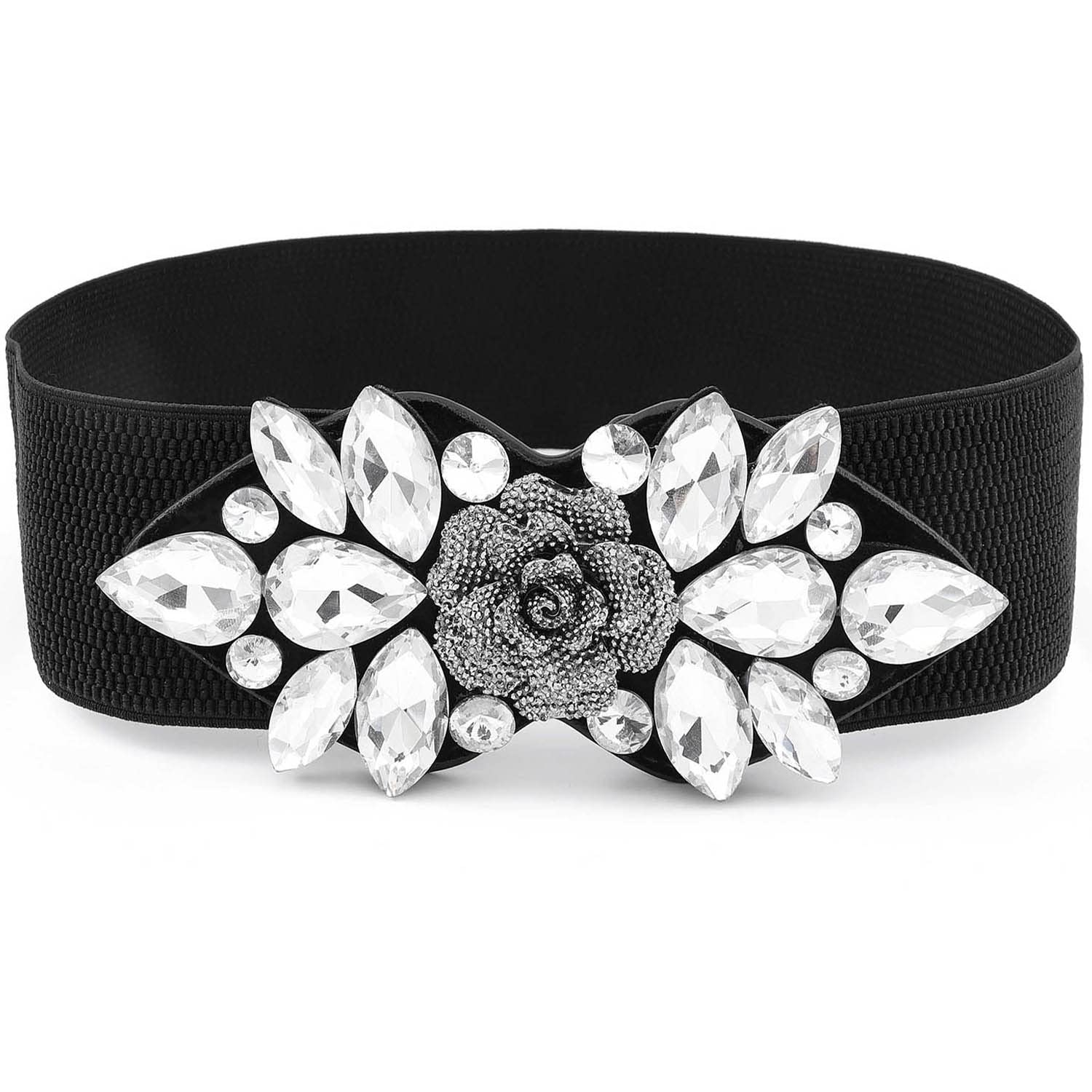 Wriidy Black Stretch Belt Rhinestone Flower Wide Belts Crystal Waist Belt for Women and Girls