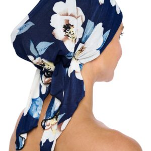 Ashford & Brooks Women's Pretied Printed Fitted Headscarf Chemo Bandana - Vintage Navy/White