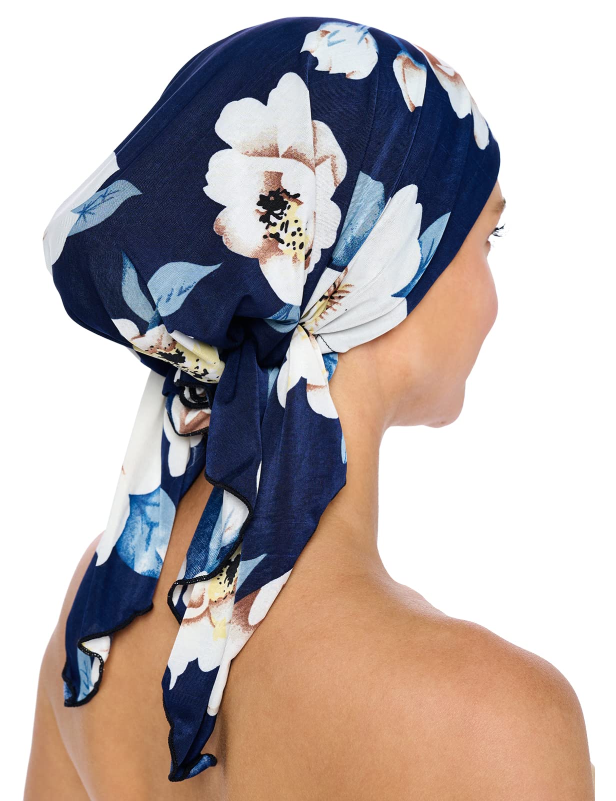 Ashford & Brooks Women's Pretied Printed Fitted Headscarf Chemo Bandana - Vintage Navy/White