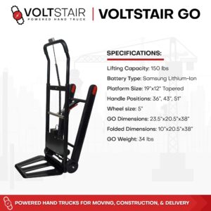 Voltstair GO Portable Electric Motorized Stair Climbing Hand Truck with Removeable Battery, with Included Bungee Cord and Anti Slip Tracks for Heavy Lifting (150lb. Lift Capacity) Black/Red