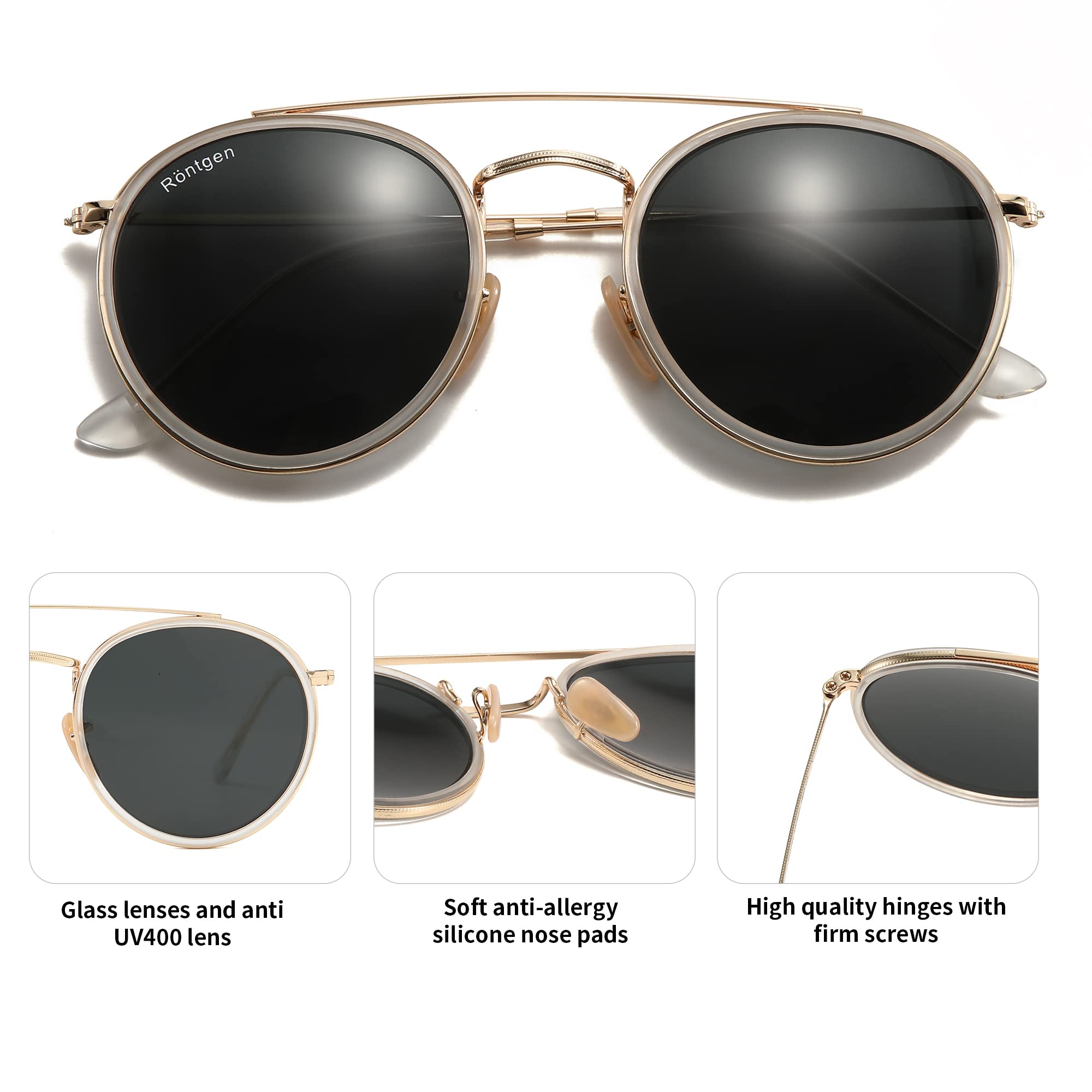 CONRAD RONTGEN Retro Round Sunglasses for Women Men Double Bridge UV400 Protection Gold Frame Black Lens