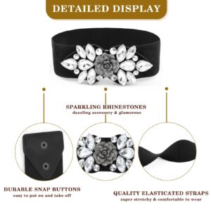 Wriidy Black Stretch Belt Rhinestone Flower Wide Belts Crystal Waist Belt for Women and Girls