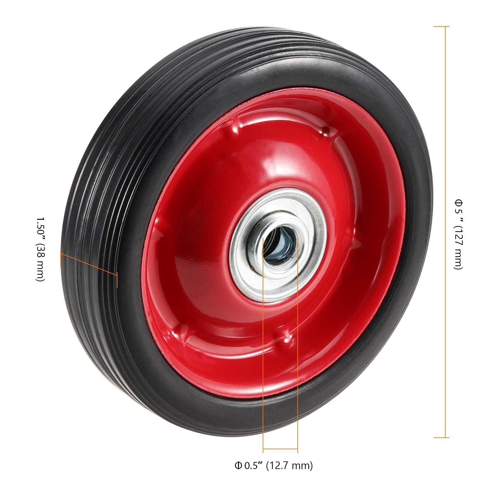 SEUNMUK 4 Pack 5" x 1.5" Solid Rubber Flat Free Tire, Premium Hand Truck Tires with Ball Bearings, 1/2 Inch Axle Hole, 88 lbs Capacity