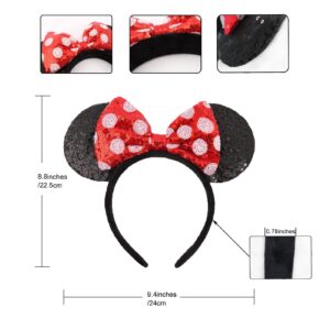 UNSPAZ Shiny Sequin Mouse Ear Headbands, 2 PCS Classic Bow Headbands for Adult Women and Girls (Red Sequin & Red Dot)