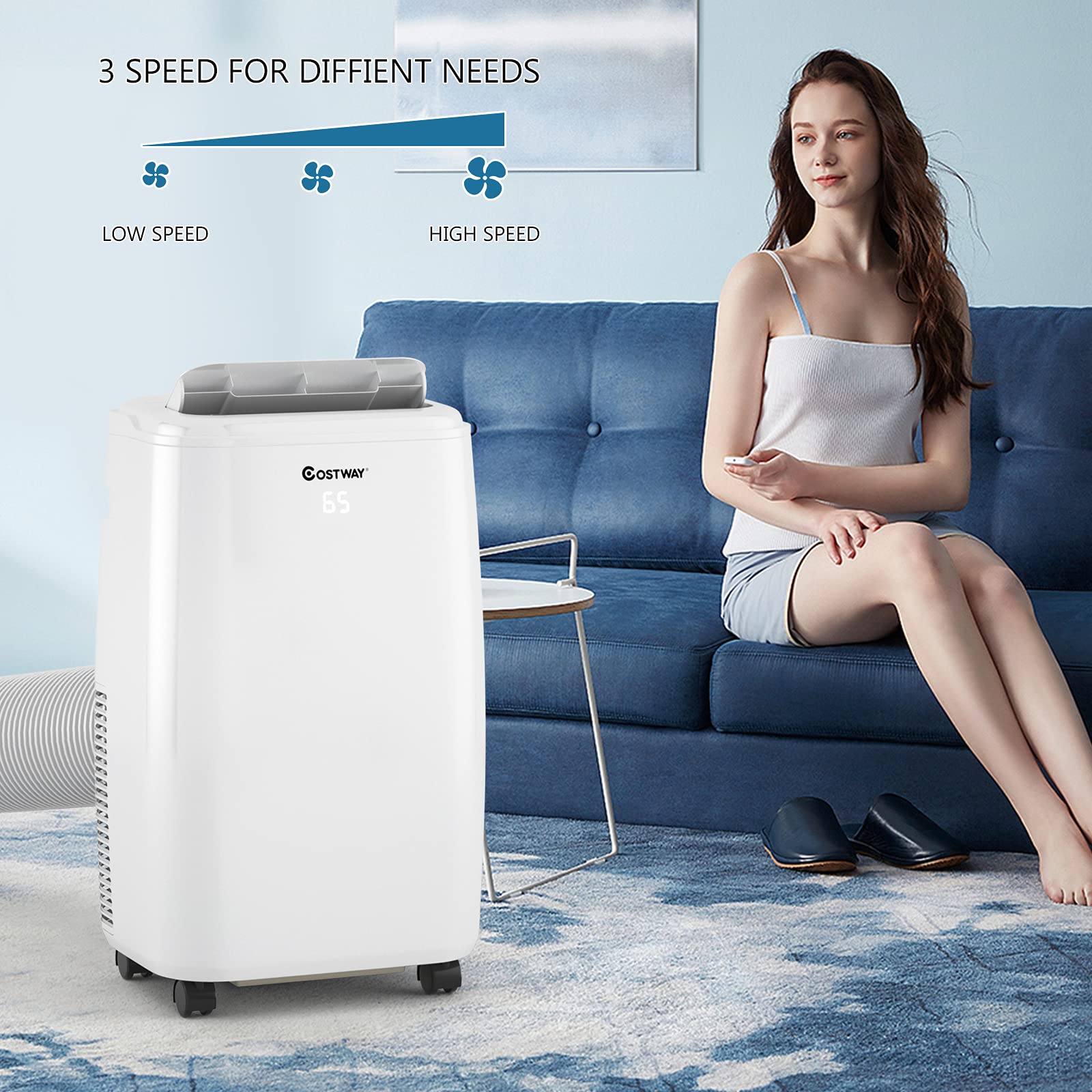 COSTWAY 1,0000 BTU Portable Air Conditioner, Cooling for Space up to 350 sq. ft with 3 Modes, Multifunctional Air Cooler with Remote Control and Washable Filter, 3 Fan Speeds & Sleep Mode