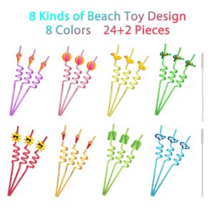 24 Beach Drinking Straws for Kids Beach Ball Pool Summer Birthday Party Supplies Favors Decorations with 2 PCS Cleaning Brushes