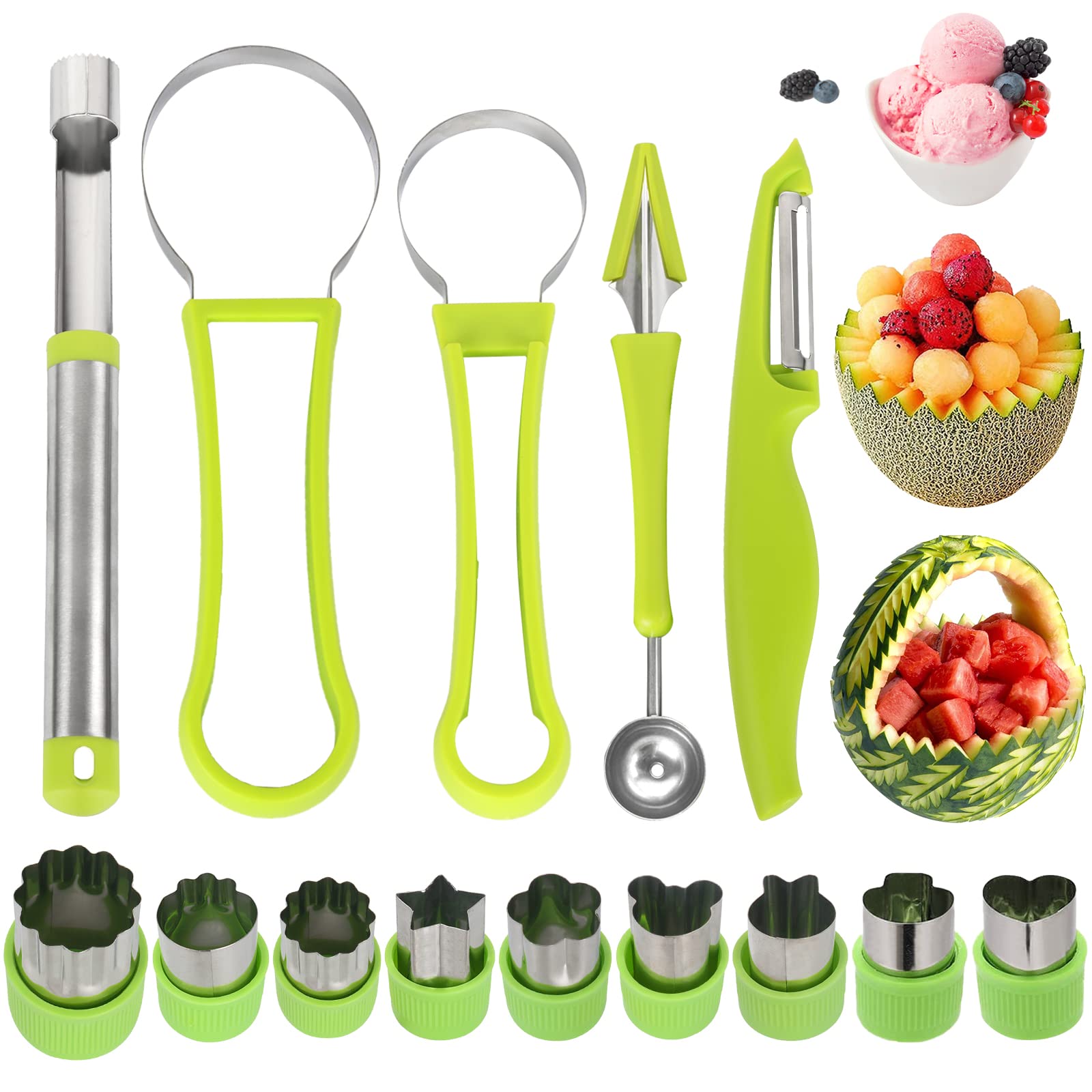 14 Pack Melon Baller Scoop Set - 4 in 1 Stainless Steel Fruit Tool Set Fruit Scooper Seed Remover with Fruit Vegetable Cutter Shapes Set Fruit Peeler for Fruit Slicer Dig Pulp Separator