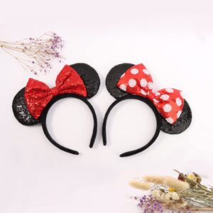 UNSPAZ Shiny Sequin Mouse Ear Headbands, 2 PCS Classic Bow Headbands for Adult Women and Girls (Red Sequin & Red Dot)