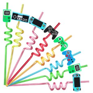 24 video game party favors game controller drinking straws goodie gifts for kids gamer birthday party supplies, game on party supplies with 2 pcs cleaning brushes