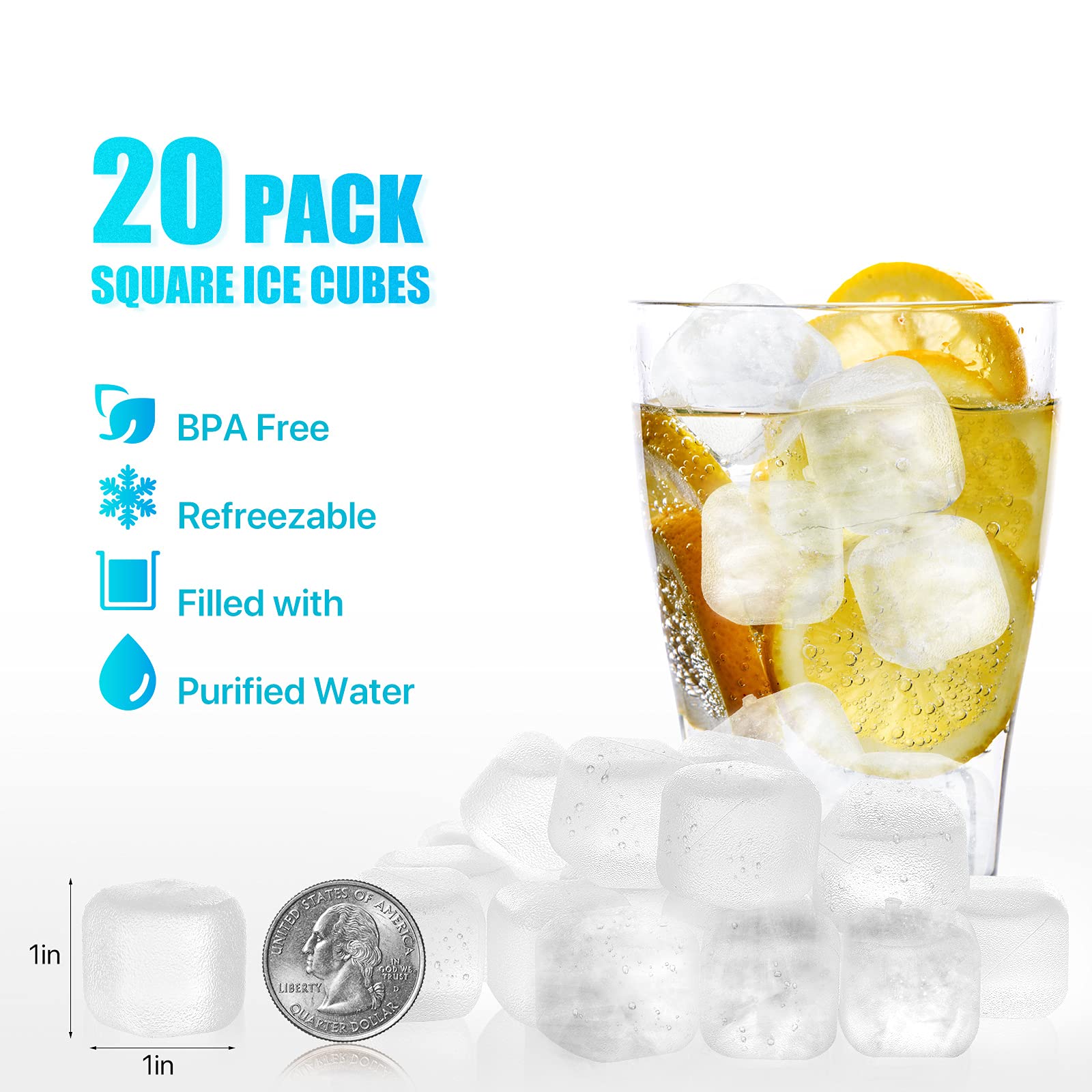 Reusable Ice Cubes for Drinks, 20 Pack Refreezable Plastic Ice Cubes BPA Free, Chills Drinks Without Diluting, Washable Fake Ice Cubes for Cocktails, Wine, Beer or Coffee Easy To Use