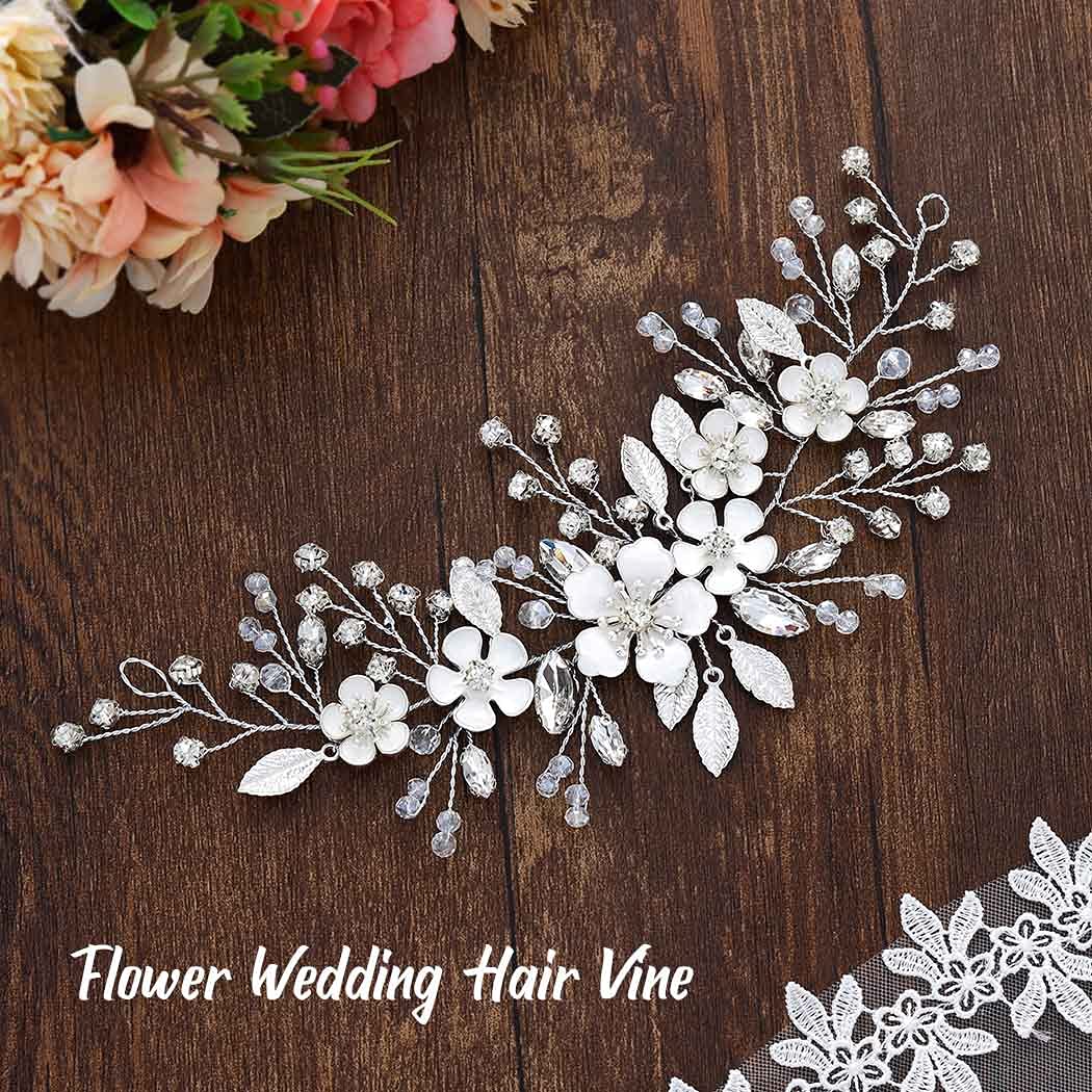 Unicra Silver Bride Wedding Hair Vine Flower Bridal Hair Piece Rhinestone Hair Accessories Crystal Headpieces Jewelry for Women and Girls