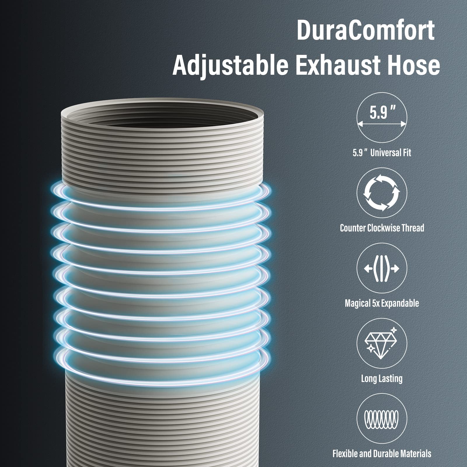 DuraComfort Air Conditioner Hose, 5.9 Inch (6”) Diameter Portable AC Hose, Anti-Clockwise Thread Up to 80 Inch Length, Room Air Conditioner Replace Vent Exhaust Hose