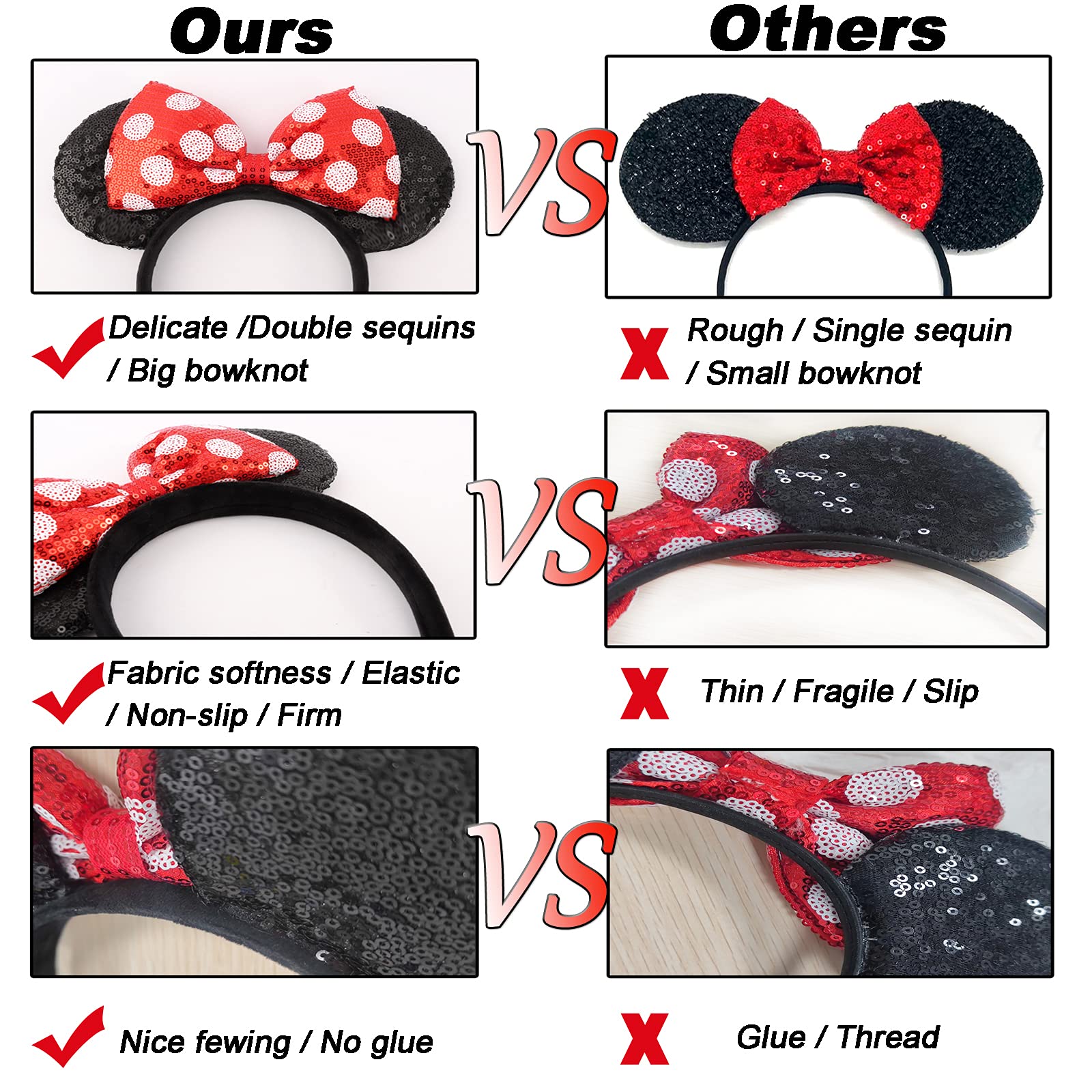 UNSPAZ Shiny Sequin Mouse Ear Headbands, 2 PCS Classic Bow Headbands for Adult Women and Girls (Red Sequin & Red Dot)