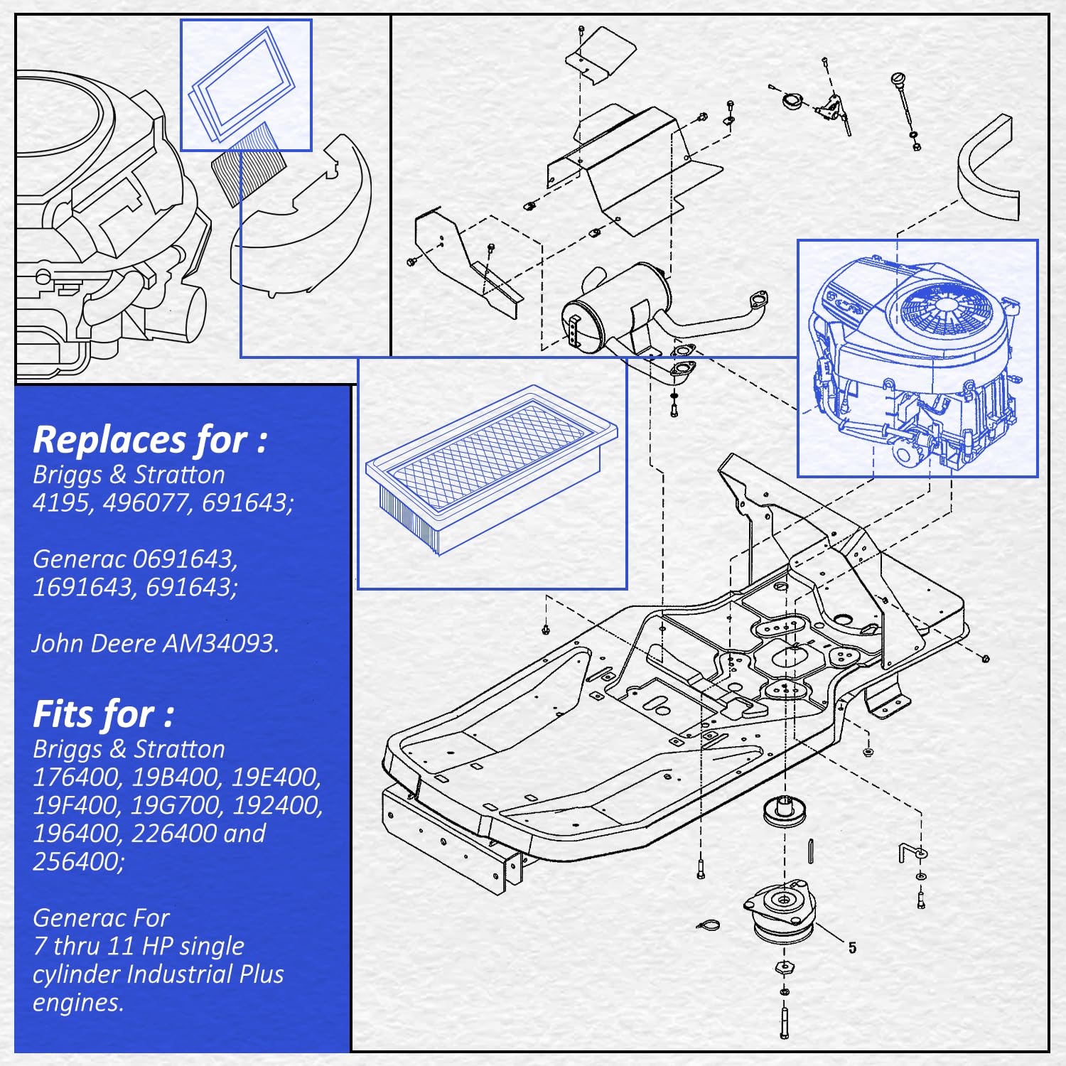 HASME Air Filter Cartridge Replacements for BRIGGS STRATTON 496077 691643 Generac 0691643 1691643 691643 John Deere AM34093 Fits for Briggs Stratton 176400 19B400 19E400 19F400 19G700