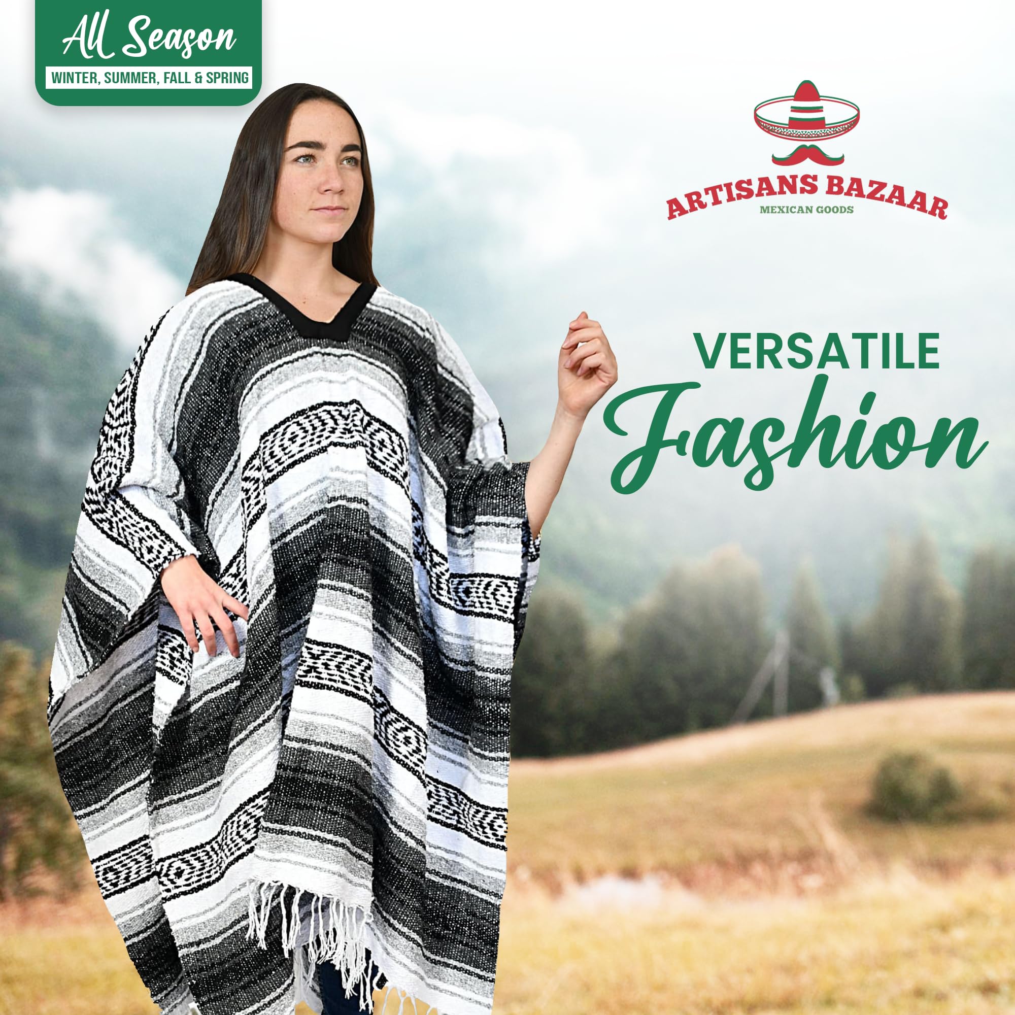 Artisans Bazaar Traditional Mexican Baja Poncho Men and Women Authentic Gaban Serape Sarape Blanket Pancho Jorongo Cowboy