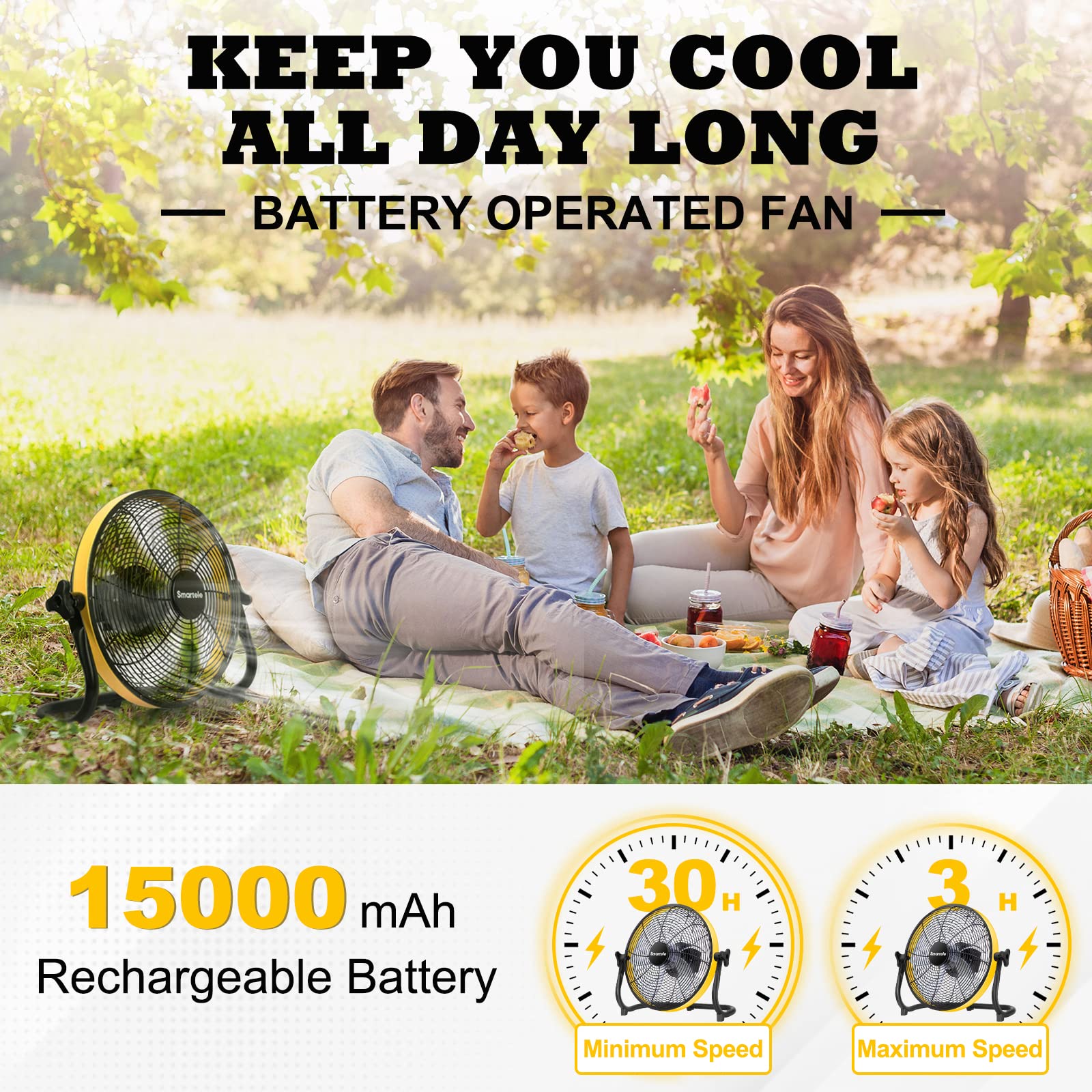 Smartele Battery Operated Fan, Battery Powered Fan, Rechargeable Floor Fan, Battery Fan for Camping, Portable & Rechargeable, 15000mAh Battery, Fast Charging, Run Up to 30 Hours, 16 inch