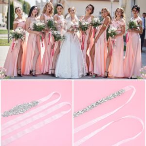 2 Pieces Rhinestone Bridal Wedding Dress Sash Belt Crystal Diamond Ribbon Wedding Belts for Bridesmaid Wedding Dress (White)