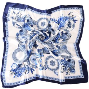 eiysee 35 x 35 women's fashion pattern large square silk like hair scarf head sleeping wrap satin neck bandana for gift (blue and white porcelain-navy blue)…