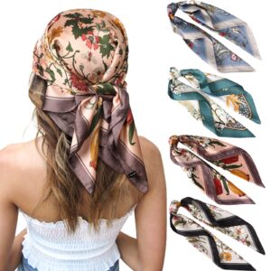 CHLINS 27 Inches Silk Feeling Square Head Scarf - 4 Pcs Satin Square Head Scarves for Women Hair Bandanas Head Kerchief Sleeping Wrap Neckerchief(Black+Grey+Coffee+Green)