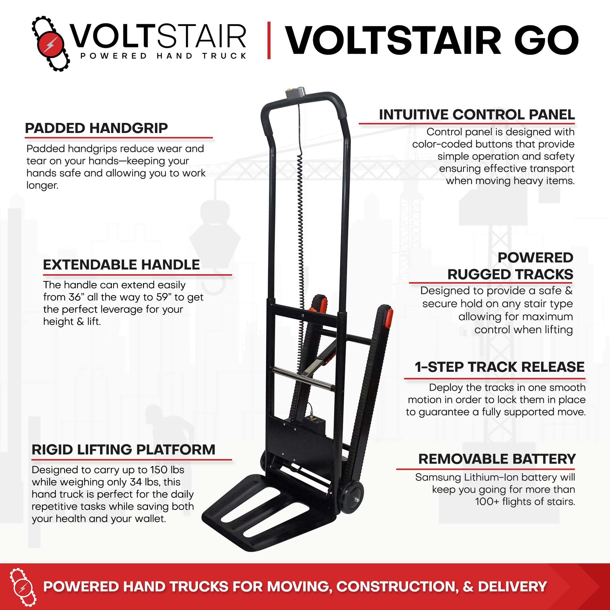 Voltstair GO Portable Electric Motorized Stair Climbing Hand Truck with Removeable Battery, with Included Bungee Cord and Anti Slip Tracks for Heavy Lifting (150lb. Lift Capacity) Black/Red