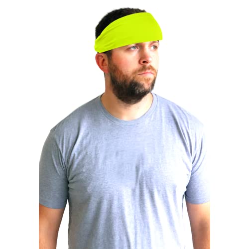 Kenz Laurenz Performance Headband Moisture Wicking Athletic Sports Head Band Wide Head Band Sweatband - Workout, Soccer, Softball, Basketball (Neon Yellow) One Size